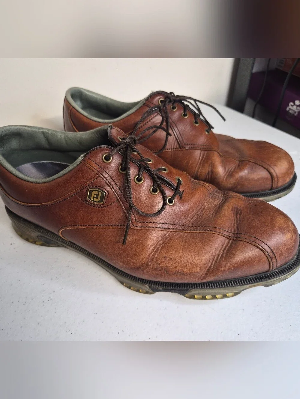 Footjoy DRYJOYS Tour Spiked Golf Shoes Brown Leather Men’s Size 10W-Pre Owned
